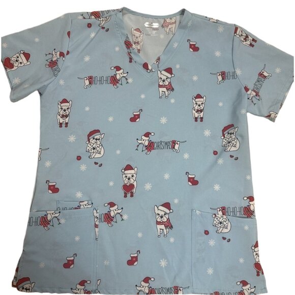 Scrubaid Women's Scrub Top  Blue Shirt French Bulldog  Xmas Theme Size Large - Picture 2 of 5
